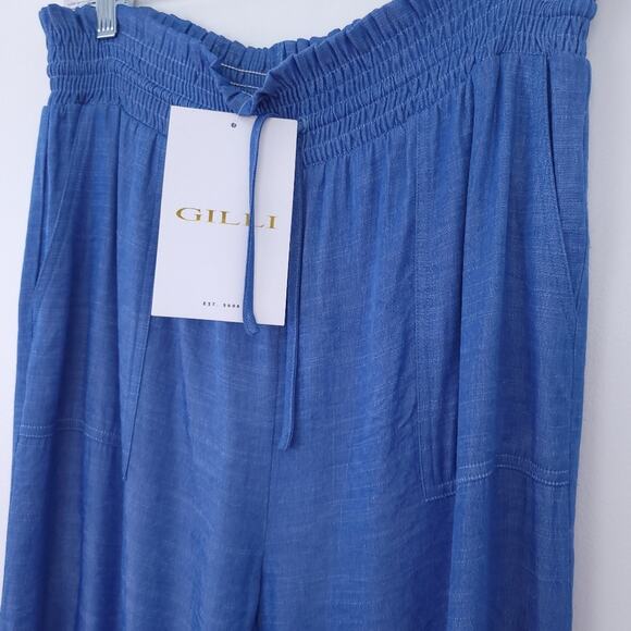 New Le Lis Chambray Pants Blue Size Small Elastic Waist Wide Leg, Pockets - Picture 2 of 4